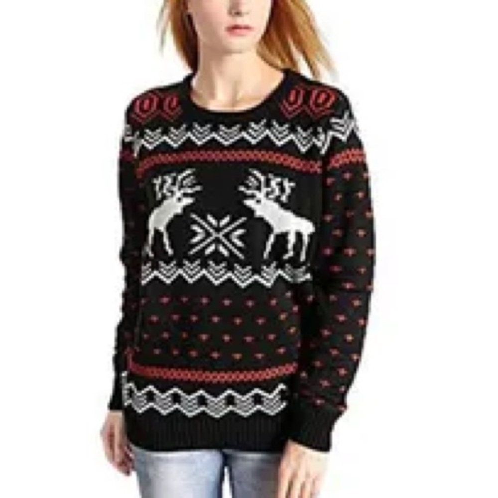 V28 Merry Christmas Reindeer Snowflakes Fair Isle Knit Sweater